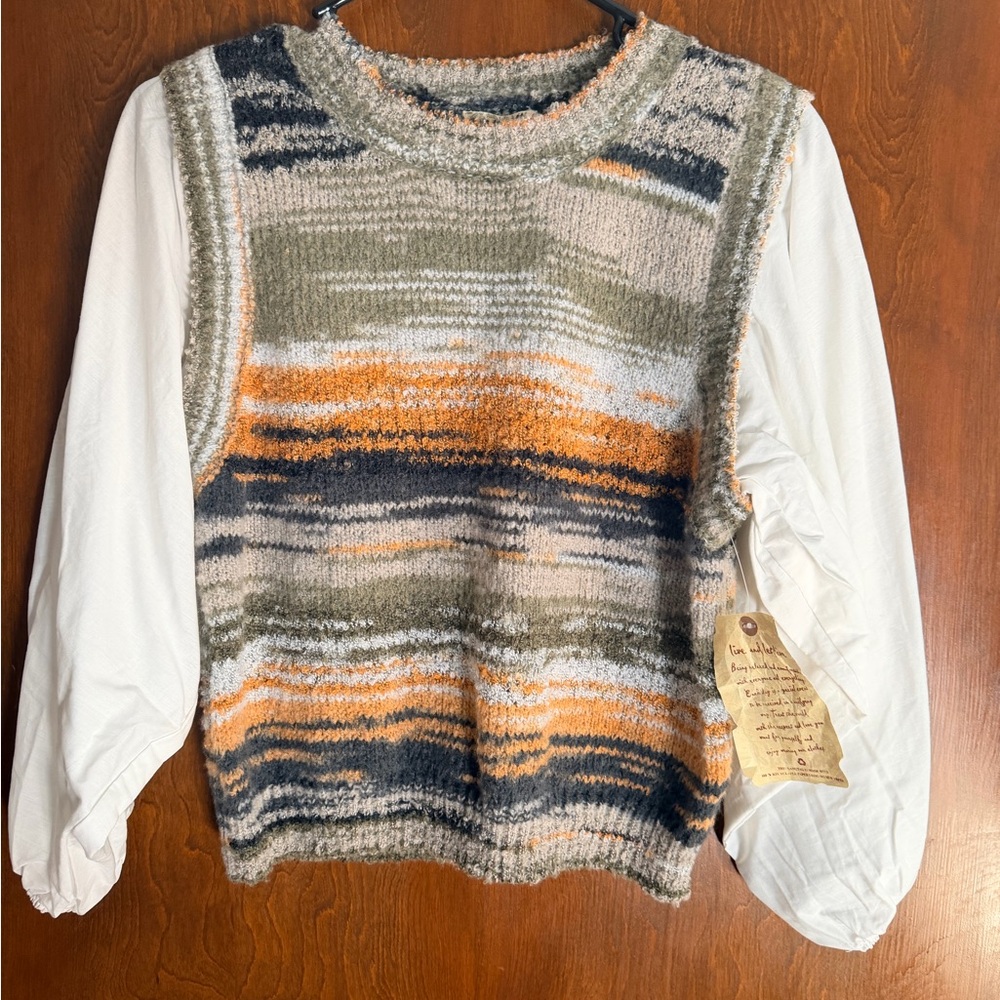 ONE WORLD Striped Sweater Vest in Orange, Olive & Navy
